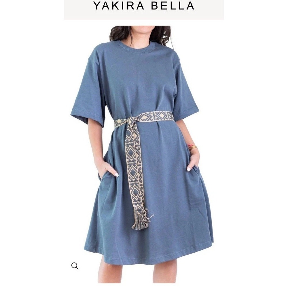 Yakira Bella Grey/Blue ZAHRA Tshirt Dress with Pockets Size XL Cotton with Belt